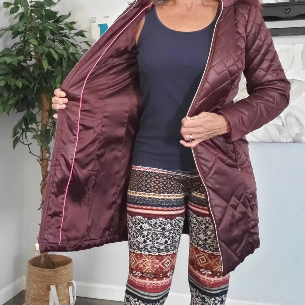 NWT ISAAC MIZRAHI burgundy faux fur puffer XXS - Picture 4 of 9